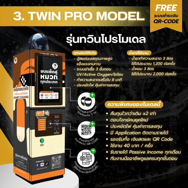 ตู้อบหมวกกันน็อค หยอดเหรียญ Twin Pro Model รับได้ 2 ใบ/ครั้ง คืนทุนไว x2 ประหยัดไฟ คุ้มค่า ลงทุนง่าย รายได้ Passive Income ทุกเดือน